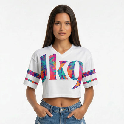 Fehér női crop top póló trópusi pálmamintával és JK9 felirattal, VIBE TOP, oversize