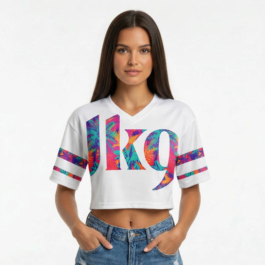 Fehér női crop top póló trópusi pálmamintával és JK9 felirattal, VIBE TOP, oversize