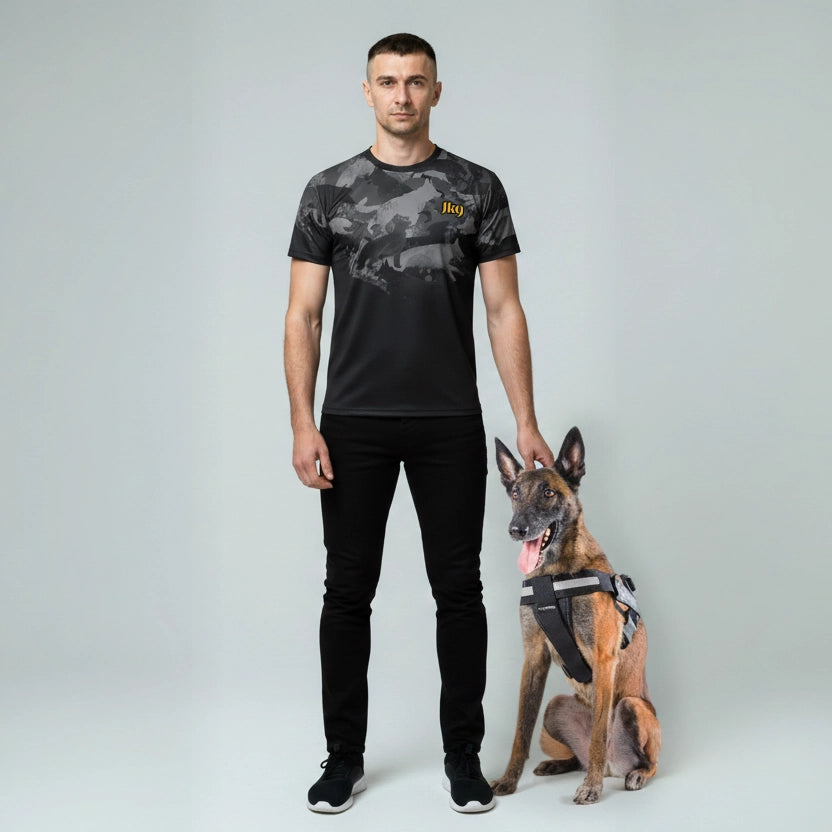 Egyedi németjuhász camouflage mintás rövid ujjú póló sárga JK9 logóval,szublimált póló