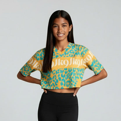 julius-k9 Női crop top póló élénk türkízkék leopárdmintával napsárga alapon, oversize