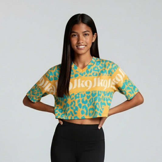 julius-k9 Női crop top póló élénk türkízkék leopárdmintával napsárga alapon, oversize