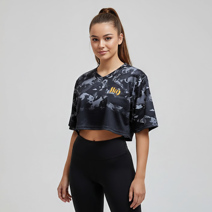 Németjuhász terepmintás női crop top sárga JK9 logóval
