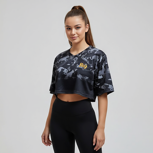 Németjuhász terepmintás női crop top sárga JK9 logóval